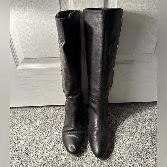 LOEFFLER RANDALL 8.5 Black Leather Low Wedge Knee Boots Gold Snaps R $595 - Picture 4 of 14